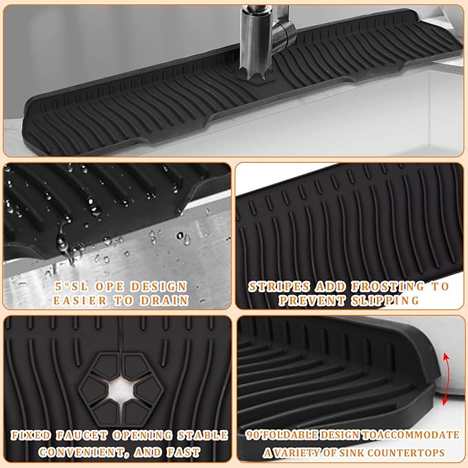 30 Inch Sink Splash Guard,Longer Silicone Sink Mat for Kitchen Bathroom,Kitchen Faucet,Silicone Sink Faucet Mat Splash Guard, Drip Protector Splash Countertop (Black)