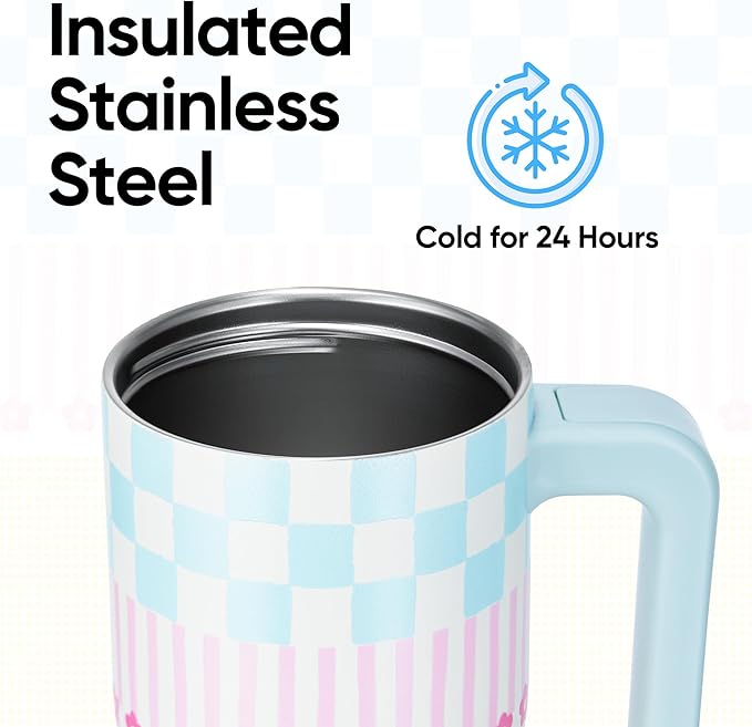 Fijinhom 25 oz Insulated Tumbler with Handle, Stainless Steel Insulated Water Bottle Coffee Mug with Straw, Coffee Cups, Cute Water Bottle for Sports, Travel, Lunch, Checkered Petal