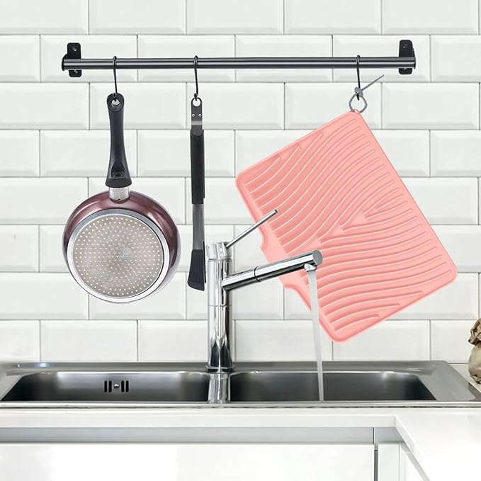Silicone Dish Drying Mat for Kitchen Counter, Dish Drying Pad, Non-Slip Drain Pad with Built-in Drain, Heat Resistant Stone Drying Mat(16" x 12", Pink)