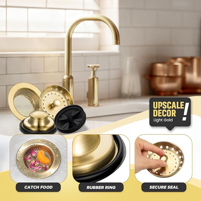 4 Pcs Light Gold Kitchen Sink Accessories Garbage Disposal Splash Guards 3.4'' Sink Drain Strainer and Stopper Stainless Steel Garbage Disposal Plug for Kitchen Drain Strainer