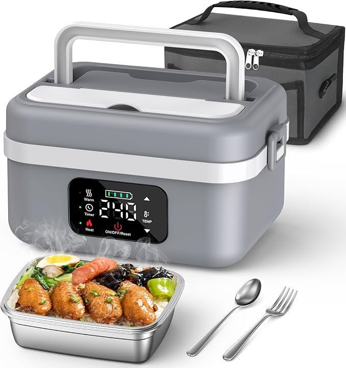 ODSD Cordless Electric Lunch Box for Adults, 16000mAh Rechargeable Self-Heating Lunch Box Food Warmer with Timer & Adjustable Heating, 34oz/1L Container with Insulated Bag for Office Car Outdoor