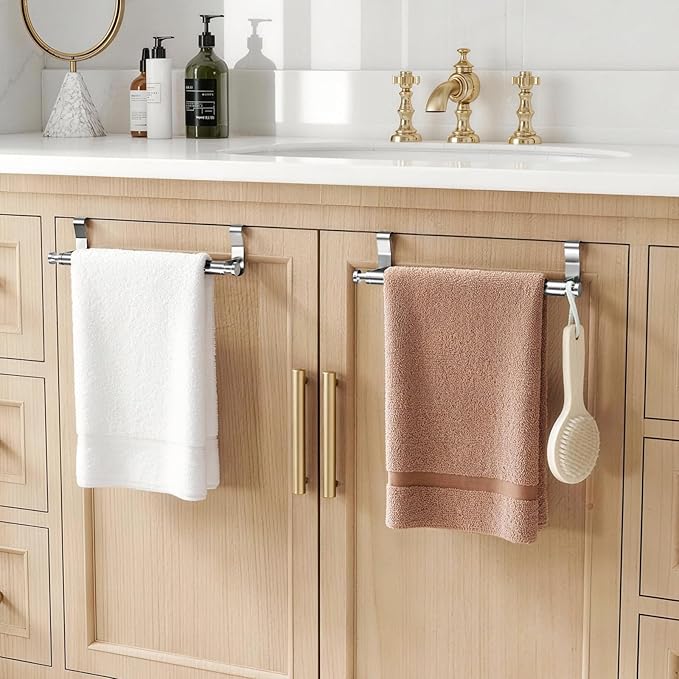 Over Cabinet Towel Holder, Stainless Steel Over The Cabinet Towel Rack Bars for Kitchen Cabinet Doors, Dish Towel Holder with Hooks, 2 Pack (Brushed Nickel)
