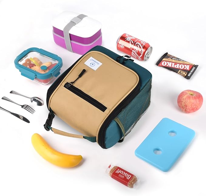 Genteen Kids Lunch Box, Insulated Lunch Bag for Kids, Toddler, Girl, and Boy; Holds Lunch Box, Water Bottle, & Snacks; Easy-Clean Water-Resistant Fabric & Multiple Zippered Pockets (Green Kakii)
