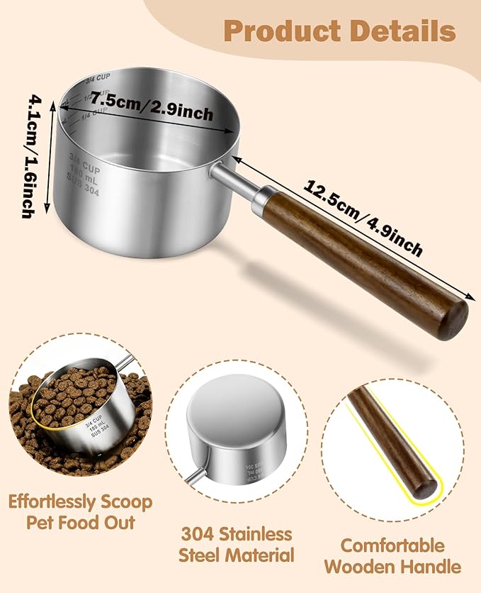 Stainless Steel Dog Food Scoop, Dog Food Measuring Cup With Measuring Lines (Cup/ML) & Long Wooden Handle, Metal Pet Food Scoop For Dogs, Cats and Kitchen Use, Dishwasher Safe (3/4 CUP)