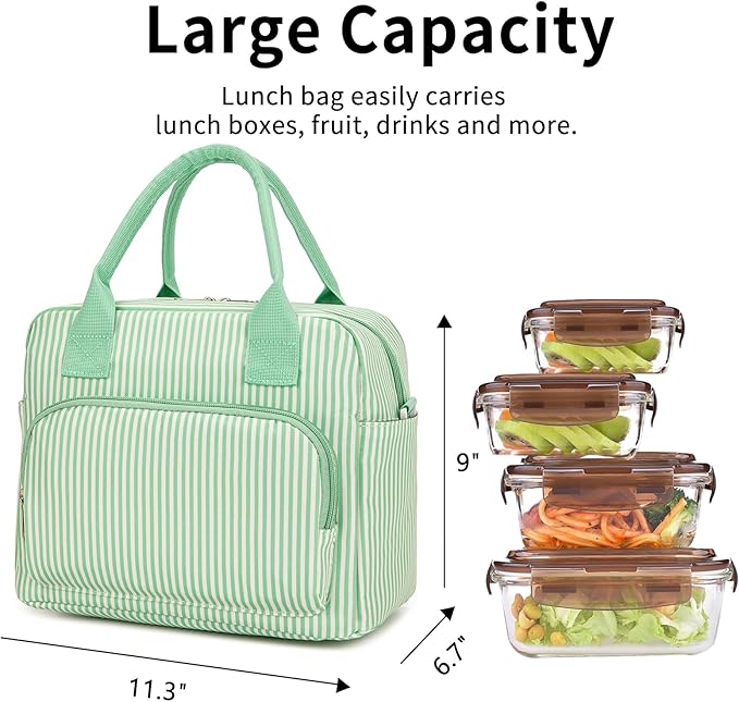 Lunch Bag Women Lunch Box for Women Adult Cute Insulated Lunch Bag Lager Cooler Lunch Tote Bags for Work Picnic (Green Stripes)