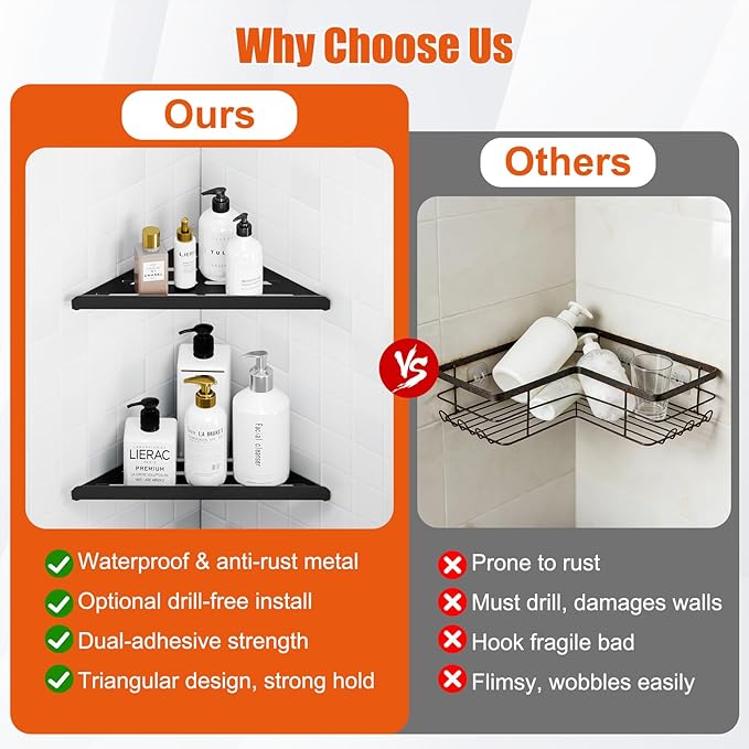 Fikoksol Shower Caddy, 2 Pack Bathroom Corner Shelf, Triangle Shelf Storage for Bathroom Shower, Black Metal Shower Shelf & Rustproof Wall Mounted Adheisve Shower Organizer Accessories and Essentials