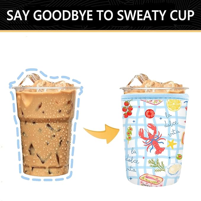 YR Reusable Neoprene Insulator Sleeve for Iced Coffee Cups, 3 Pack Coffee Coolies sleeves for Iced & Hot Drinks, Cold Beverage Cooler Compatible with Starbucks Coffee and More (Lobster)