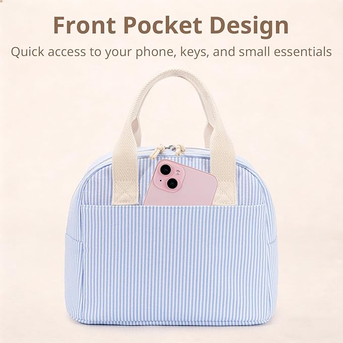LOVELYWIND Insulated Lunch Bag for Women, Reusable Blue Striped Lunch Box Cooler Bag with Large Capacity, Durable Lunch Tote for Work