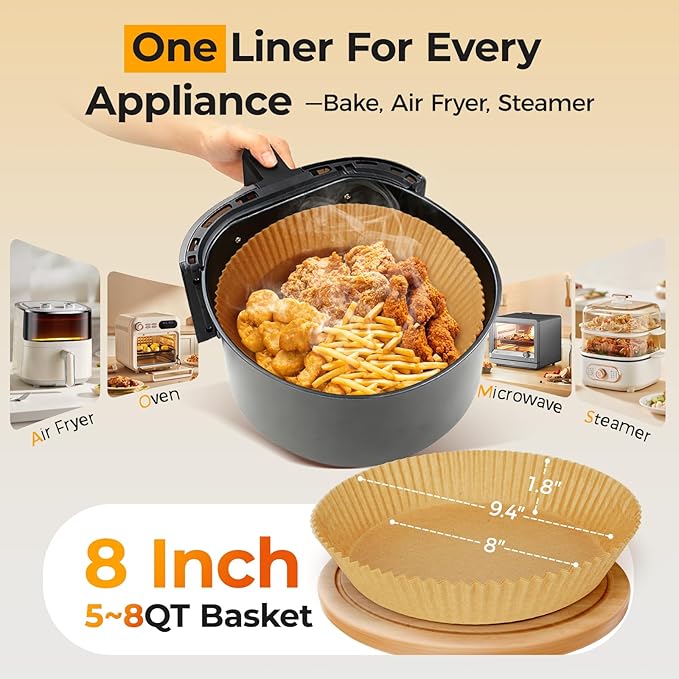 Vailnd Air Fryer Paper Liners, 405 PCS Non-Stick Parchment Paper, 8-Inch Round Air Fryer Liners Disposable for 5-8 QT Basket, Water-Proof & Oil-Proof Airfryer Liners for Baking, Roasting, Microwave