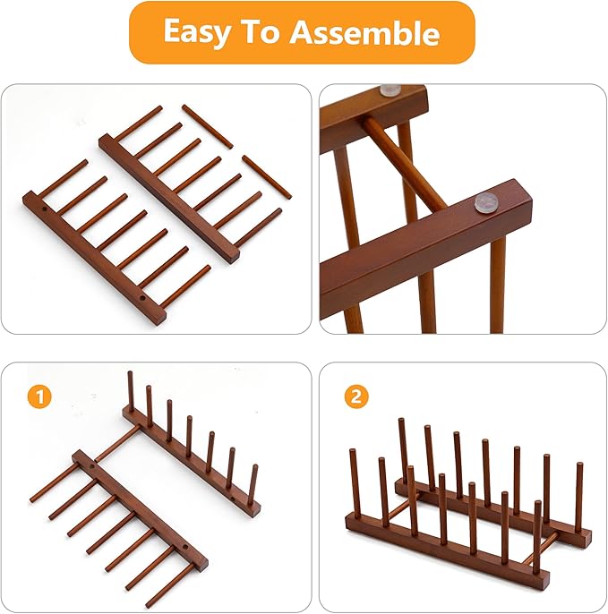 HBlife 4pcs 6 Slots Teak Dish Plate Bowl Cup Book Pot Lid Cutting Board Drying Rack Stand Drainer Storage Holder Organizer Kitchen Cabinet（Keep Dry）