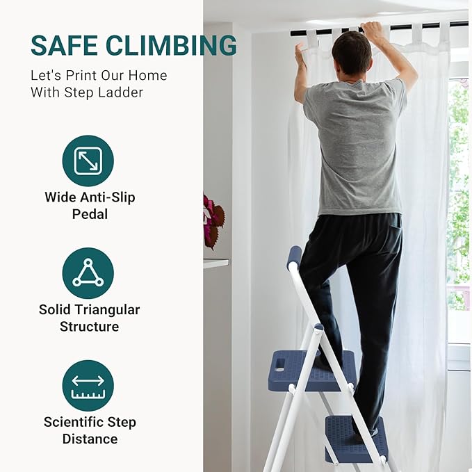 Smug Step Ladder, 2 Step Stool Foldable with Anti-Slip Pedal & Comfortable Handrail, 800lbs Capacity Sturdy Steel Ladder, Protable Heavy Duty Step Stool for Kitchen, Garage & Outdoor Use, Blue