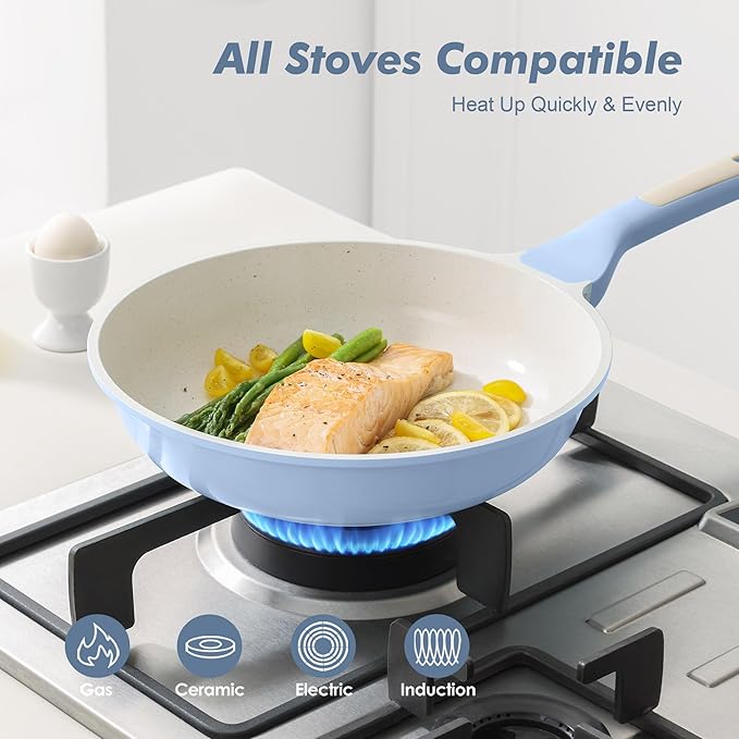 SENSARTE Nonstick Ceramic Frying Pan with Lid 11 Inch Omelet Pan Skillet, Free of Intentionally Added PFAS/PTFE Non-toxic Chef's Pan Induction Compatible Pan, Heat Resistant Handle, Glacier Blue