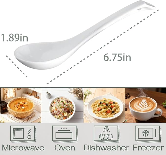 Asian Ceramic Soup Spoon set of 6,White Chinese soup spoons Large for Ramen Pho Wonton Dumpling Miso, Deep Oval Hook Design