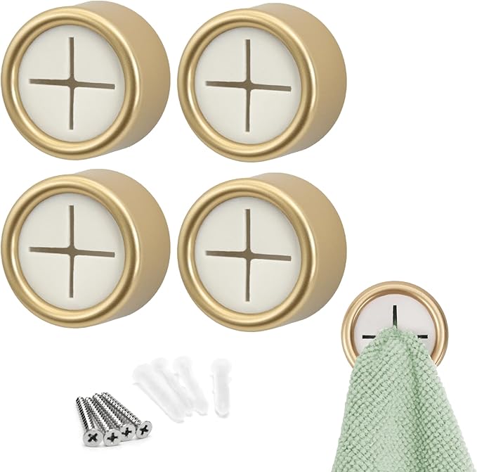 S&T INC. Round Adhesive Push Towel Hooks for Kitchen, Hand and Dish Towels, Brushed Gold, 4 Pack