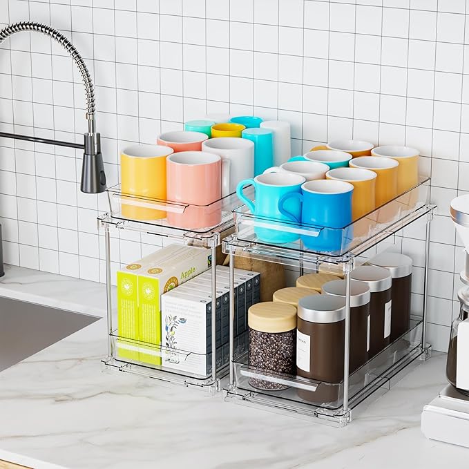 Yieach 2 Pack 2 Tier Pull Out Drawers for Medicine Cabinet Organizer,Bathroom Under Cabinet Storage,12.1″ Deep Pantry and Medicine Shelf Organizer for Toiletry Product,Vitamin Bottle and Supplement