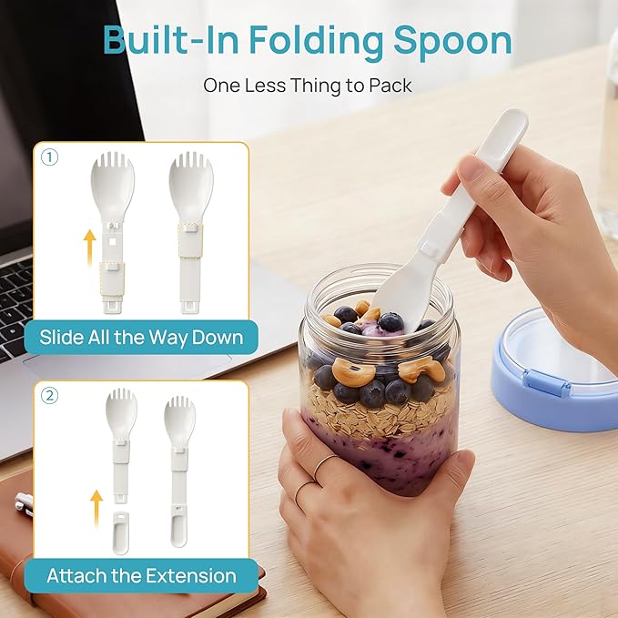Vtopmart 6 Pack 16 oz Overnight Oats Containers with Lids, Folding Spoons and Divided Compartments, Airtight Leakproof, Glass Jars for Overnight Oats, Yogurt, Fruit, Chia Pudding, Meal Prep