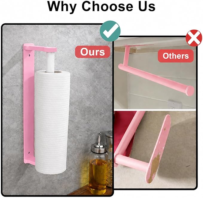 MONEER Kitchen Roll Holder Under Cabinet, Paper Towel Holder, Aluminum Alloy Kitchen Towel Holders, Self Adhesive Kitchen Roll Holder for Kitchen, Bathroom, Living Room (Pink)