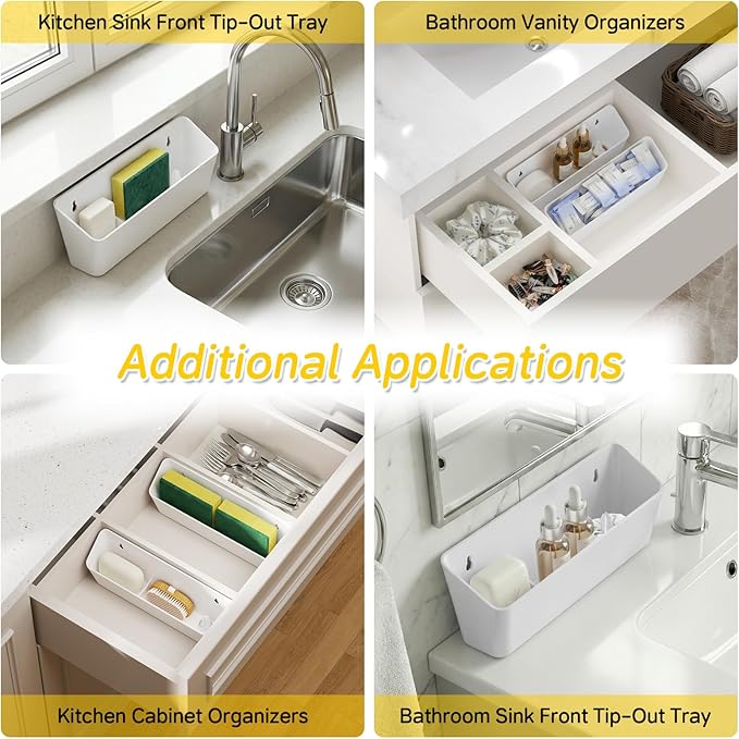 Onemake 2 Pack Tip Out Tray for Sink with Hinges, 11" Sink Drawer Tip Out Tray Kit, Kitchen Hardware, Pullout Home Organizers, Self Closing Under Cabinet Shelf, Sponge Holder for Bathroom, White