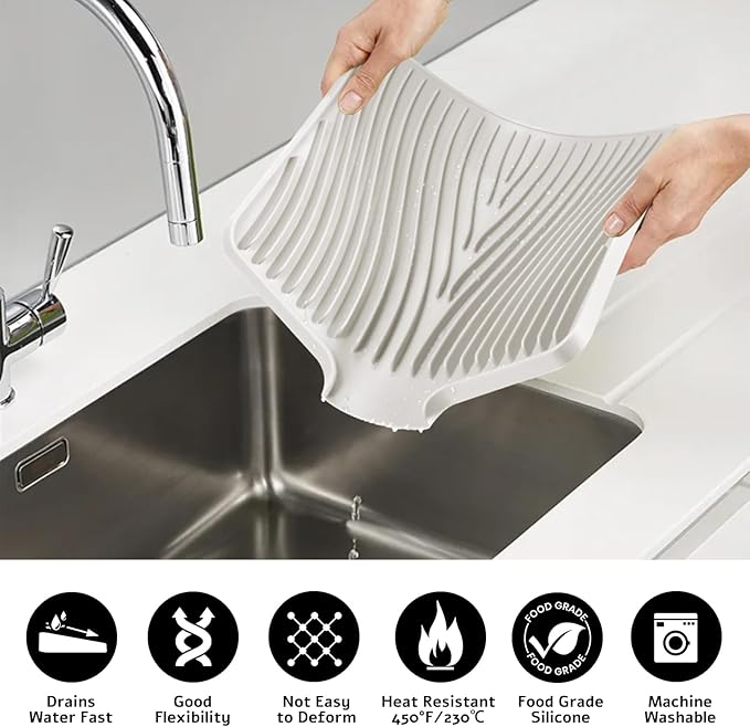 Silicone Dish Drying Mat, Stone Drying Mat for Kitchen Counter with Built-In Drain, Non-Slip Drain Pad with Built-in Drain, Heat Resistant Stone Drying Mat, Hangable, Cream-2pcs, 20" x 15"