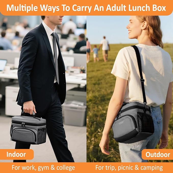 Vankor Insulated Lunch Bag for Men Women, Reusable Lunch Box Leakproof Cooler Lunch Tote Bag with Adjustable Shoulder Strap for Work Office Picnic Beach Travel, Grey