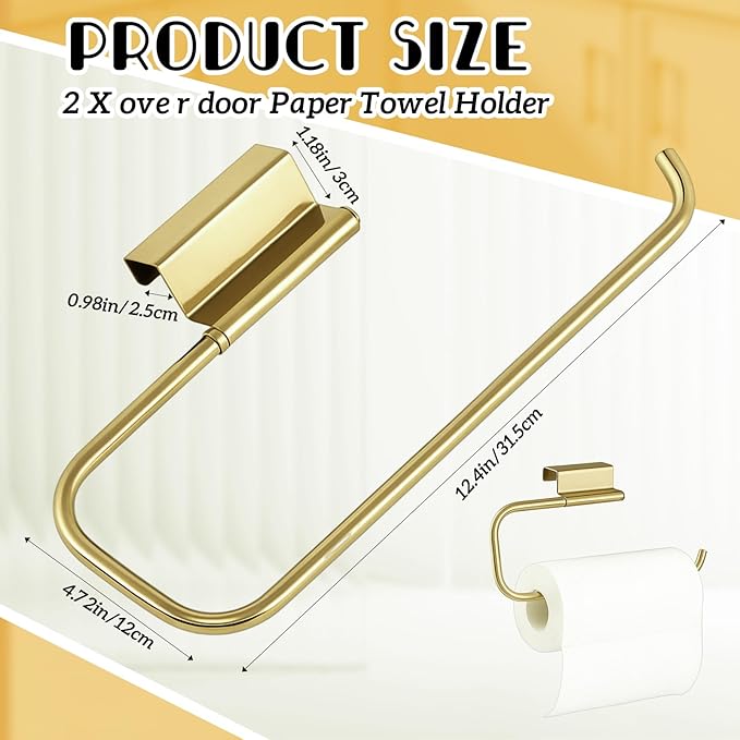 12.4 Inches Cabinet Door Paper Towel Holder Camper Under Sink No Drilling Paper Towel Storage and Dispenser for RV Kitchen Bathroom Laundry Room, Stainless Steel(Gold,2 Pcs)