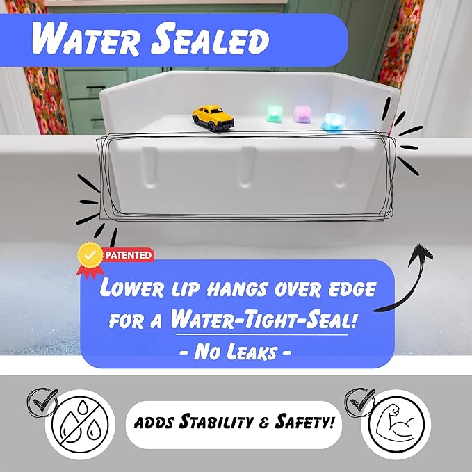 Tub Topper® Mini Bathtub Splash Guard for Kids - Compact Bath Splash Guard & Tub Play Shelf - Easy to Remove, Store & Clean - Patented Lip Design, Non-Silicone, BPA-Free, Made in USA (White)
