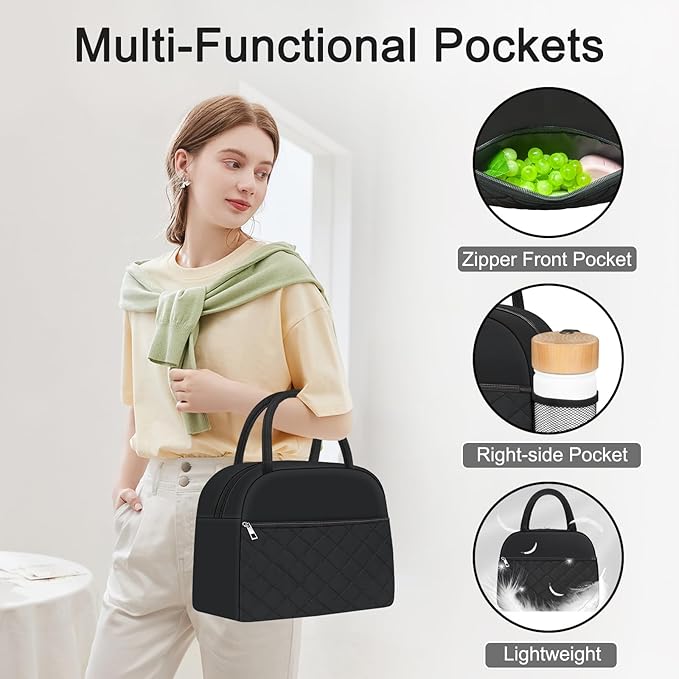KUBYA Lunch Bag Lunch Box for Women Men Insulated Reusable Large Lunch Tote Bag Adult Leakproof Simple Cooler Bag for Office Work Picnic Beach or Travel, Black