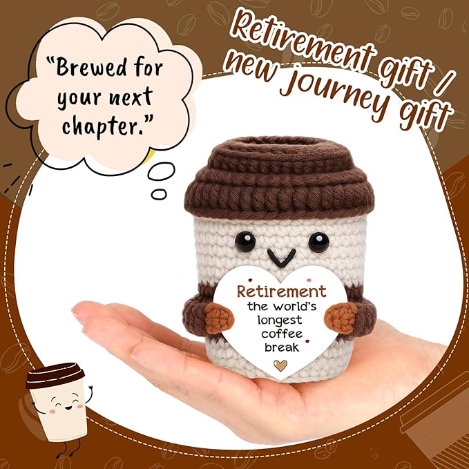 Mini Retirement Gift for Women Men Handmade Crochet Coffee for Coworker Mentors Leader Teachers Nurse Friends Mom Grandma Retired Farewell Going Away Goodbye Gifts for Women Men Retirement Party