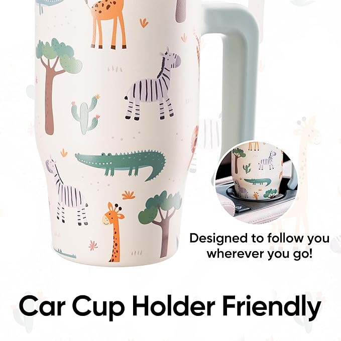 Fijinhom 25 oz Insulated Tumbler with Handle, Stainless Steel Insulated Water Bottle Coffee Mug with Straw, Coffee Cups, Cute Water Bottle for Sports, Travel, Lunch, White Zoo