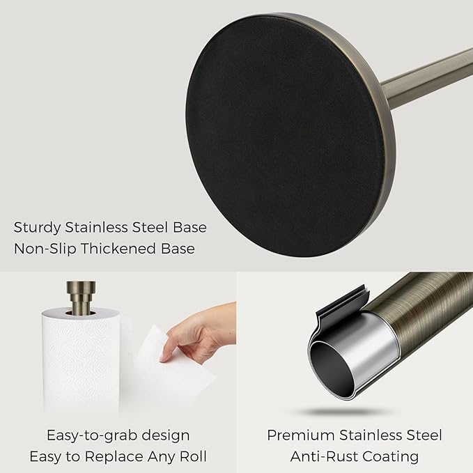 Antique Bronze Paper Towel Holder Countertop, Freestanding Paper Towel Stand with Weighted Non-Slip Base, Easy Assembly, Unique Decorative End Cap for Kitchen and Bathroom