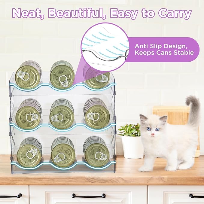 REFLYING Cat Food Can Organizer, Can Organizer for Pantry，Transparent Cat Food Storage Container Holds 54 (3.5oz) Cans, Canned Food Organizer and Storage for Countertop Kitchen Cabinet (3 Layers)