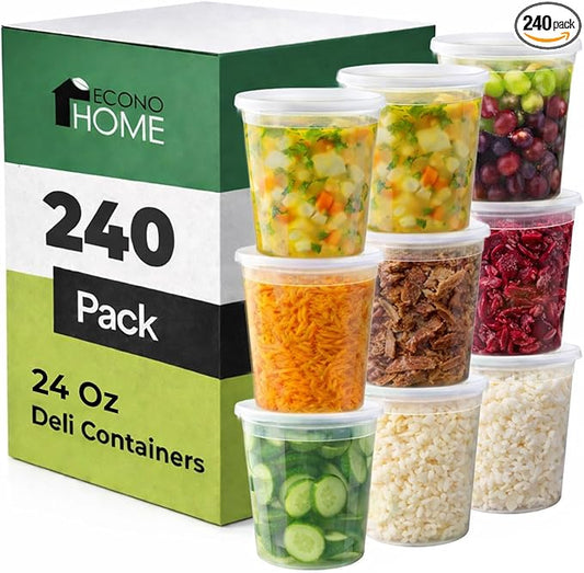 EconoHome Clear Deli Containers with Lids - 240-Pack, 24oz Plastic Containers with Lids for Food Storage, Meal Prep, Leftover, Restaurant Business, Takeout - Fridge, Microwave & Freezer-Safe