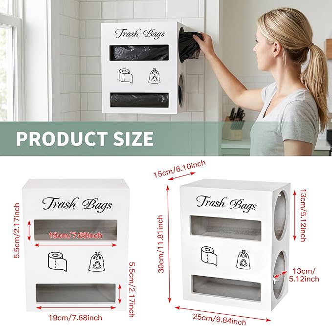 2 in 1 Trash Bag Dispenser, Double Wall Mounted,Wood Trash Bag Holder, used in kitchen, garage, laundry room, can store Environmentally friendly food bags and garbage bags (White/Large)
