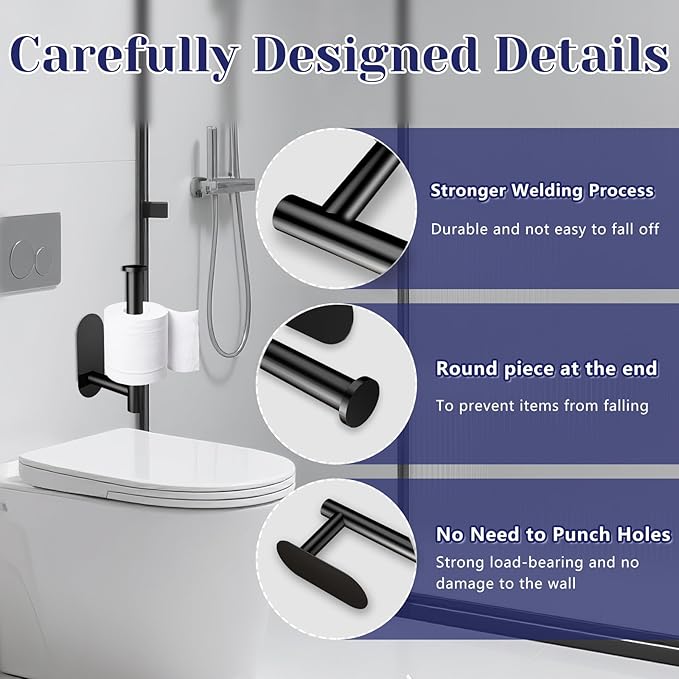 Toilet Paper Holder, Stainless Steel & No Drilling Black Toilet Paper Holder Wall Mount, Waterproof Self Adhesive Toilet Paper Holders for Bathroom, Kitchen, Washroom