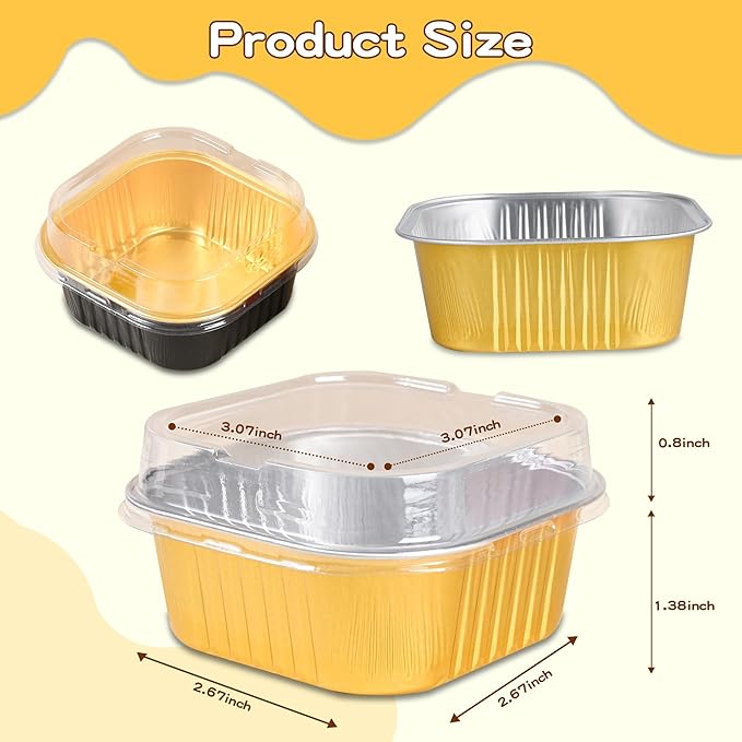 40 Pack Mini Cake Pans with Lids, 5oz Square Aluminum Foil Brownie Baking Cups, Muffin Tin Ramekins, Disposable Dessert Cupcake Cups for Wedding Birthday Party, Rad