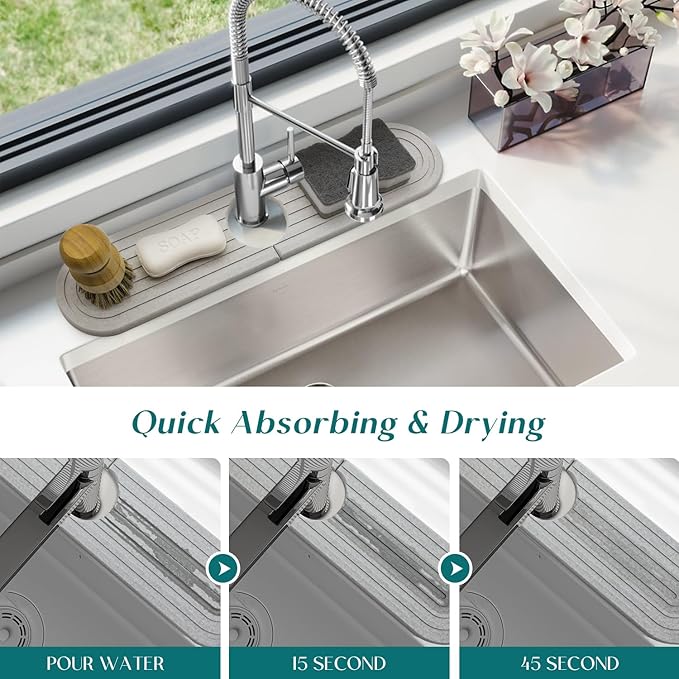 Diatomite Sink Splash Guard - DryingNeat Kitchen Faucet Mat, Instant Dry Water Absorbing Stone Tray for Sink, Durable Protector for Kitchen Bathroom Counter [Light Grey, 17.7" x 3.9"]
