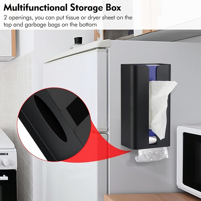 Magnetic Laundry Dryer Sheet Dispenser, Tissue Holder, Garbage Bag Dispenser for Fridge, Kitchen, Laundry (Black)