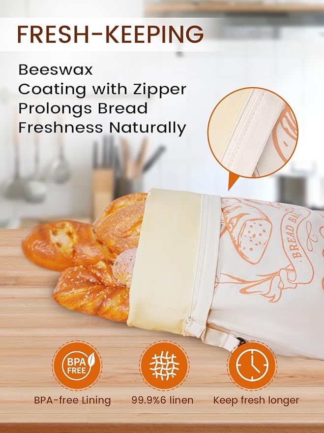 2 Pack Beeswax Bread Bags with Zipper, XL(13x17in) Sourdough Bread Storage for Homemade, Freezer Storage Bag to Keep Fresh, Cotton Beeswax Container, Baguette Bag with Liner Kitchen Baking (Off-White)