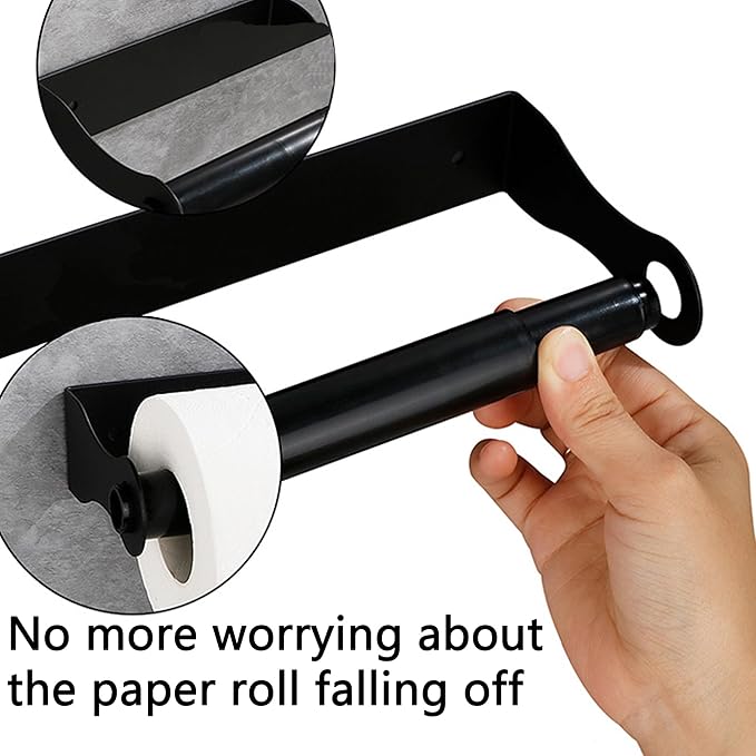 Paper Towel Holder, Black Stainless Steel Under Cabinet Wall Mount, Self-Adhesive Kitchen Roll Rack, Heavy-Duty Organization Storage