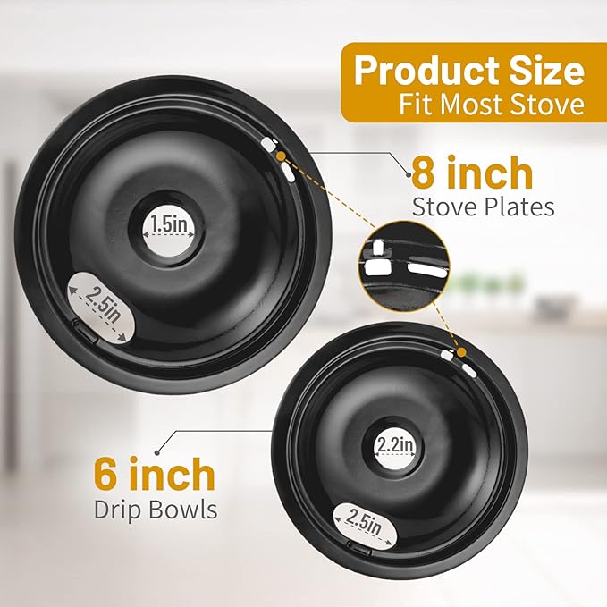 4 Pack Black Drip Pans, Compatible with Whirpool Kenmore Frigirate Stove Top Drip Bowls. Include 3 Pcs 6'' Range Replacement Drip Pans and 1 Pcs 8 '' Cooktop Drip Pans
