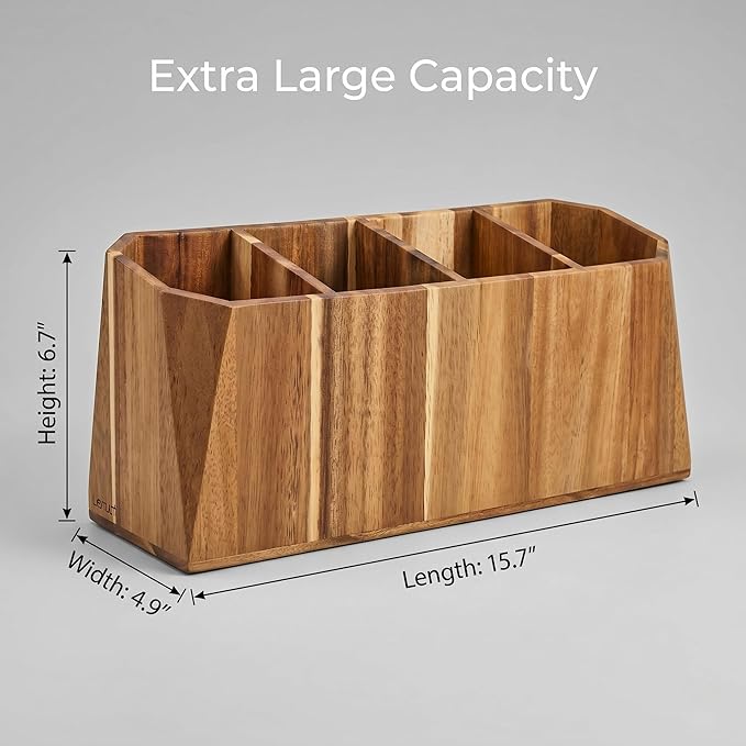 Large Kitchen Utensil Holder for Countertop – Acacia Wood Utensil Organizer with 4 Compartments, Beveled Edges Design, Non-Slip Silicone Pads & Drain Hole – Rustic Farmhouse Utensil Caddy Crock