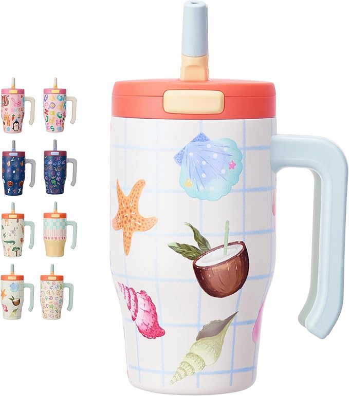 Fijinhom 18 oz Toddler Tumbler with Handle, Stainless Steel Insulated Water Bottle Coffee Mug with Straw, Toddler Cups, Kids Water Bottle for School, Sports, Travel, Coast