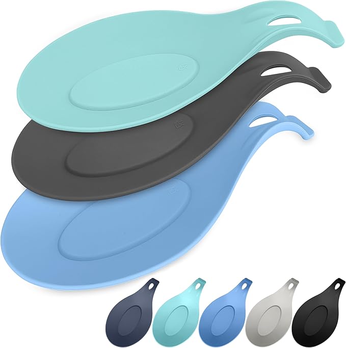 Silicone Spoon Rest for Stove Top Set of 3 – HEAT RESISTANT DISHWASHER SAFE Kitchen Utensil Holder for LARGE Utensils - Won’t Break - Non-Slip - Ideal for Glass & Induction Cooktops - for Home Cooks