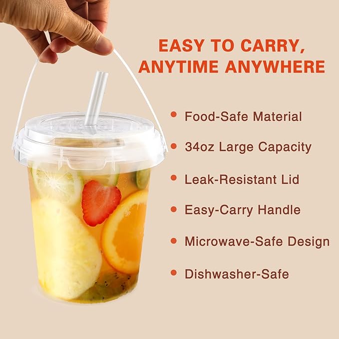 30 Pack 34oz Plastic Cups with Lids and Straws, Disposable Coffee Cups with Lids, Sturdy & Food Safe To Go Cups for Cold & Hot Drinks/Smoothies, Fruit Drinks Cups for Summer Beverages, Bar/Beach Party