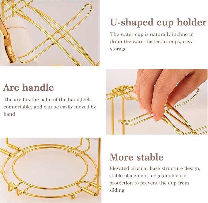 Teacups and Saucers Display Stand, Tea Cup Holder, Metal Foldable Storage Rack for Espresso and Cappuccino Cup - Gold