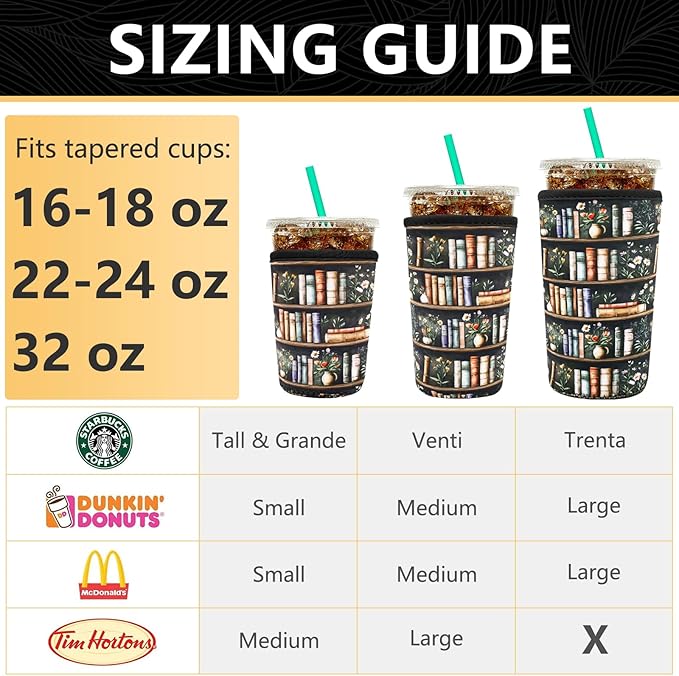 YR Reusable Neoprene Insulator Sleeve for Iced Coffee Cups, 3 Pack Coffee Coolies sleeves for Iced & Hot Drinks, Cold Beverage Cooler Compatible with Starbucks Coffee and More (Bookshelf & Flower)