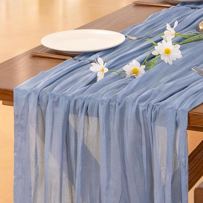 Socomi 10pcs Dusty Blue Summer Cheesecloth Table Runner Boho Rustic Gauze 120 inch 10FT Cheese Cloth Sheer Runner for Wedding Party Baby Shower Birthday Home Decor Holiday Decorations