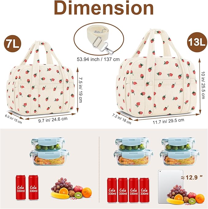 KUBYA Corduroy Lunch Box Lunch Bag for Women Men, Cute Strawberry Small Insulated Reusable Work Leakproof Simple Lunch Boxes Tote Bag Adults Cooler Bag