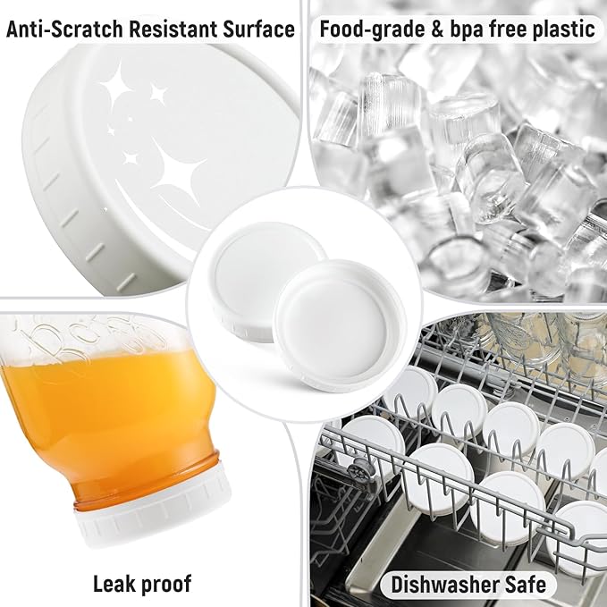 AOZITA Wide Mouth Mason Jar Lids [16 Pack] for Ball, Kerr and More - White Plastic Storage Caps for Mason/Canning Jars - Leak-Proof - Dishwasher Safe & Food Grade