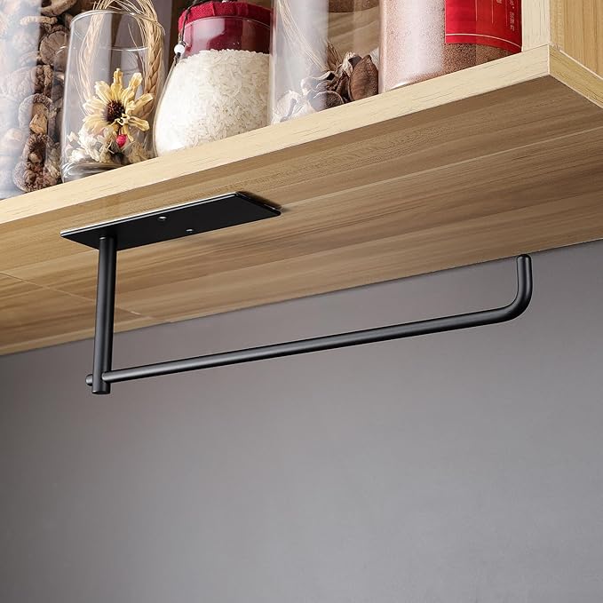 SUNTECH 2 Pack Paper Towel Holder Under Cabinet, Adhesive or Drilling Paper Towel Holder Wall Mounted, Stainless Steel Kitchen Towel Roll Holder for Bathroom, RV (Black)